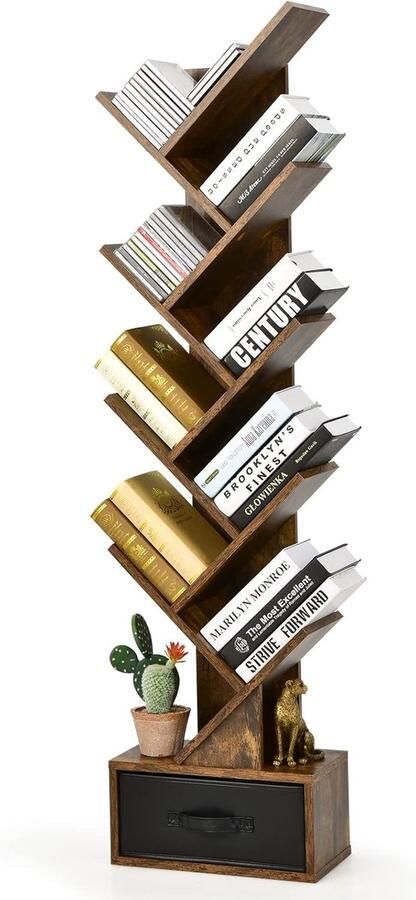 Sierra Boekenkast met lade 8 verdiepingen staand rek boomvorm cd- en dvd-plank voor slaapkamer woonkamer en thuiskantoor 38 x 21 5 x 149 5 cm (rustiek bruin)