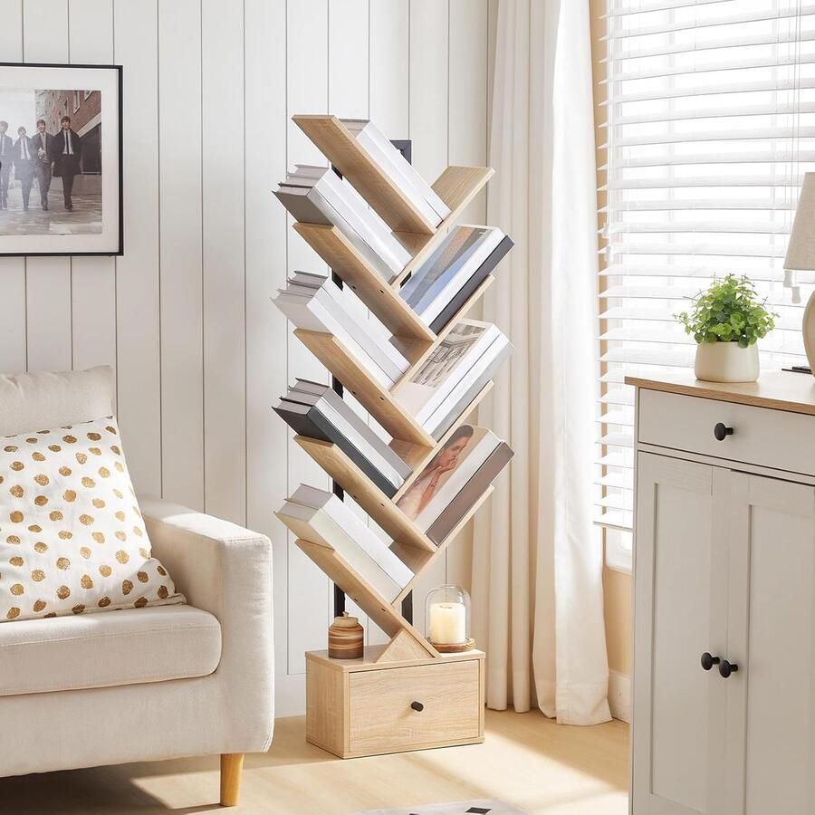 Sierra Boekenkast met lade staand rek met 9 niveaus boomvormige boekenkast dvd-plank boekentoren vrijstaand voor woonkamer slaapkamer thuiskantoor