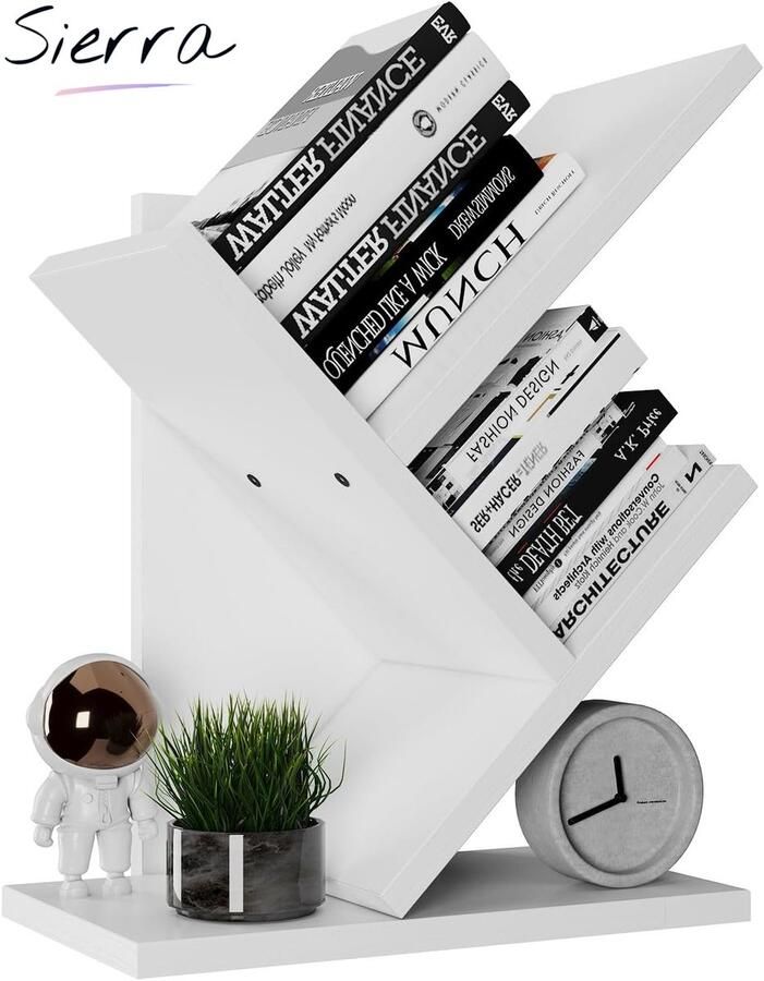 Sierra Boom Boekenplank 2-Laags Bureau Organizer Moderne houten Opbergkast voor Boeken Films Cd's Smalle Vertoningsplank voor Slaapkamer Home office Wit