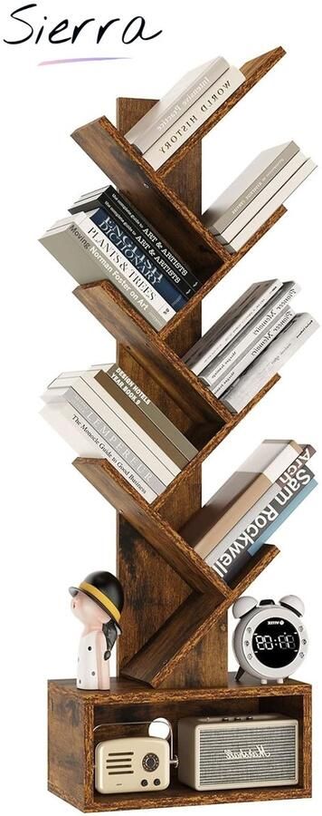 Sierra Boom Boekenplank 6-Laags Boekenkas met Kubusrek Moderne houten Opbergkast voor Boeken Films Cd's Boekentoren Vrijstaand voor Woonkamer Home office Studeerkamer Rustiek Bruin