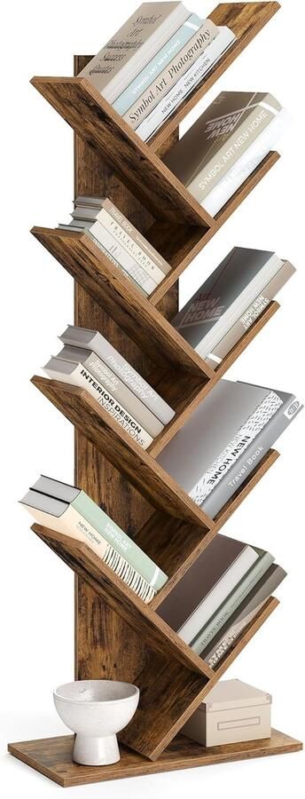 Sierra Boomboekenkast boekenkast met 8 niveaus ruimtebesparend hoekrek met planken voor slaapkamer woonkamer kantoor rustiek bruin