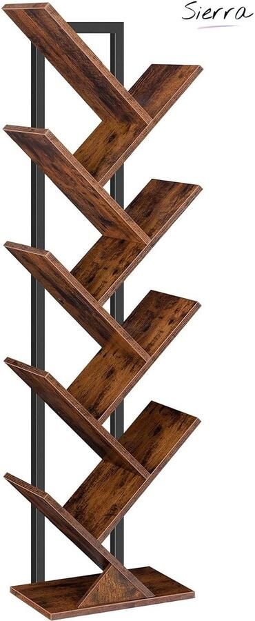 Sierra Boomboekenplank hoge 9-laags staande boekenplank hoge boekenkast voor cd-albums voor woonkamer rustiek bruin en zwart