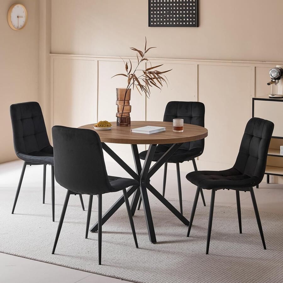 Sierra Eettafel HOME Eetkamerset ronde eettafel 100 cm met 4 gevoerde eetkamerstoelen van kunstleer ideaal voor keuken woonkamer eetkamer (donker hout + zwart (Hollands leer)