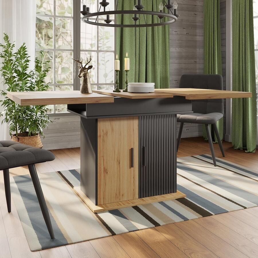 Sierra Eettafel met opbergruimte 110-140 x 80 cm uittrekbare tafel eetkamer klaptafel keukentafel 2 niveaus opbergvak met retro deuren keuken en woonkamer uittrekbare voor 4-6 personen