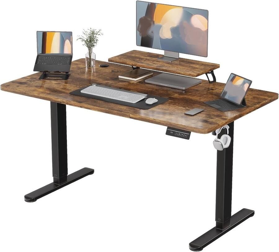 Sierra Elektrisch In Hoogte Verstelbaar Bureau met Monitor Stand 160 × 70 cm Staand Bureau Elektronisch Bureau met 2 Geheugenhoogtes Bruin