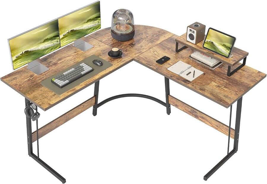 Sierra Gamingtafel 120 x 120 x 75 cm bureau met monitorstandaard hoekbureau L-vorm computertafel vintage bruin