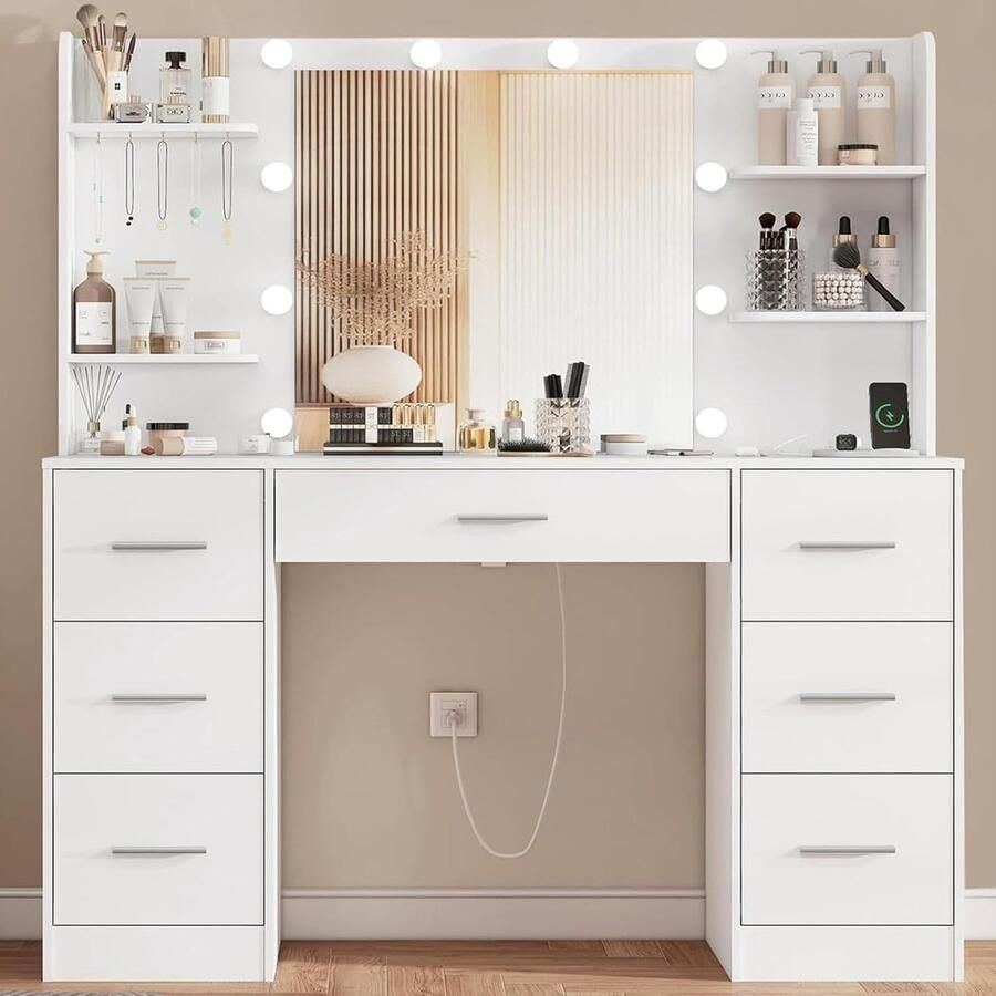 Sierra Grote kaptafel met Verstelbare LED Verlichting en Stopcontacten Make-up Tafel met Spiegel Make-up Tafel met 7 Lades 4 Open Opbergvakken en 5 Sieradenhaken voor de Slaapkamer Wit