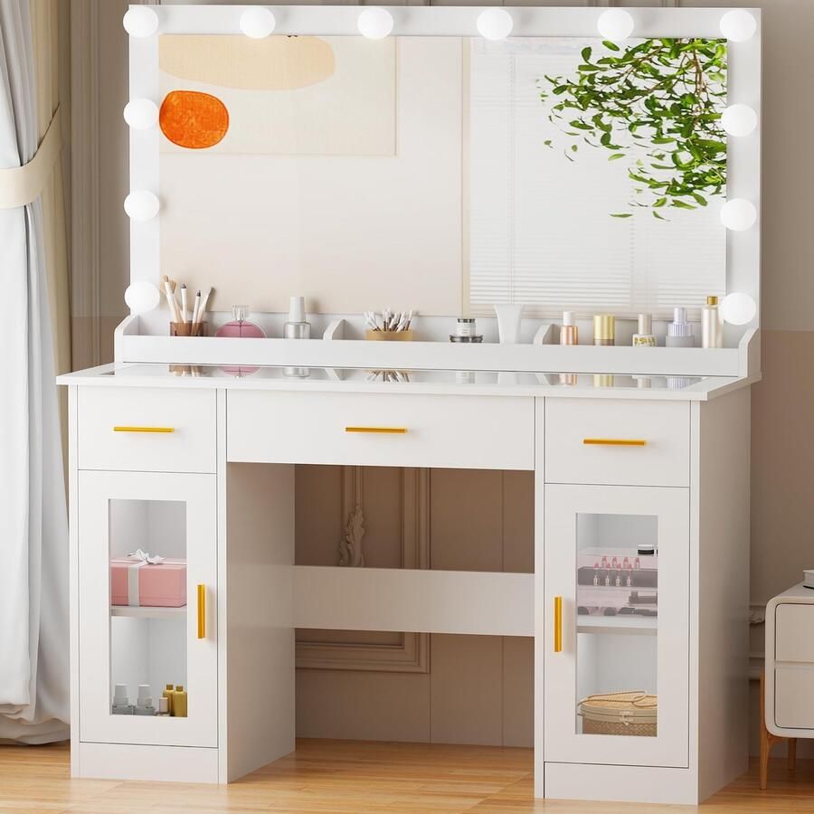 Sierra Kaptafel 110 cm grote make-uptafel met verstelbare ledverlichting make-uptafel met spiegel kaptafel met glasplaat en 3 laden moderne make-uptafel voor slaapkamer wit EFST35W
