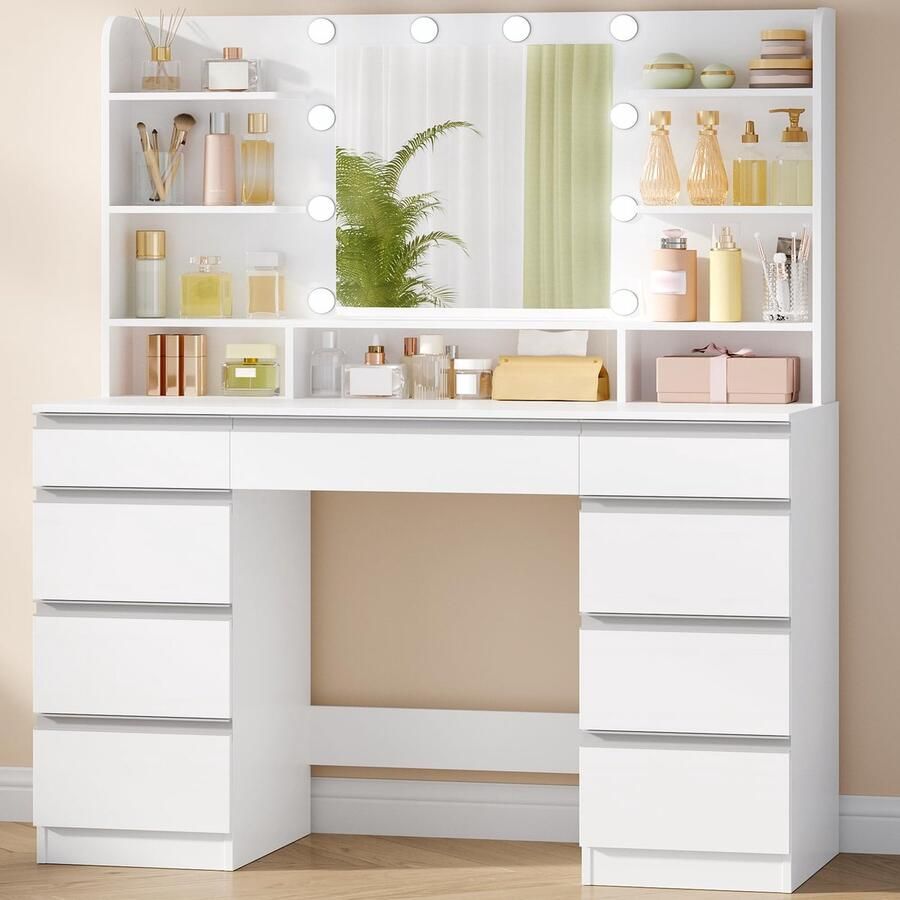 Sierra Kaptafel DT35703WV1 Grote make-uptafel met ledverlichting 10 led-lichtballen 3 kleuren instelbare helderheid make-uptafel met spiegel 9 laden 9 open planken moderne stijl wit-zilver