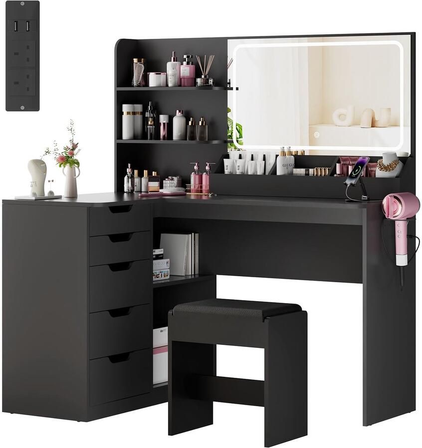 Sierra Kaptafel Grote kaptafel met kruk hoek-make-uptafel met spiegel en ledlampen make-uptafel met stopcontacten en föhnhouder 5 moderne laden 120 x 65 x 136 cm zwart
