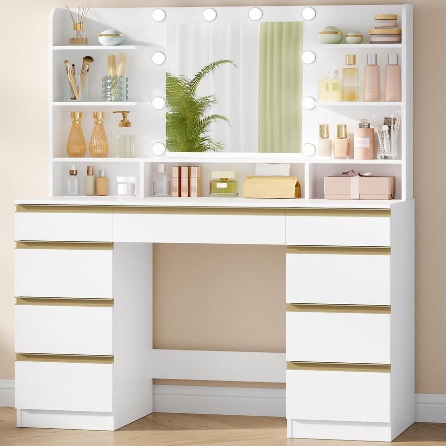 Sierra Kaptafel Grote Kaptafel met LED-verlichting 10 LED-lichtbollen 3 kleuren instelbare helderheid Kaptafel met Spiegel 9 Laden 9 Open Planken Moderne Stijl Wit-GoudDT35703X