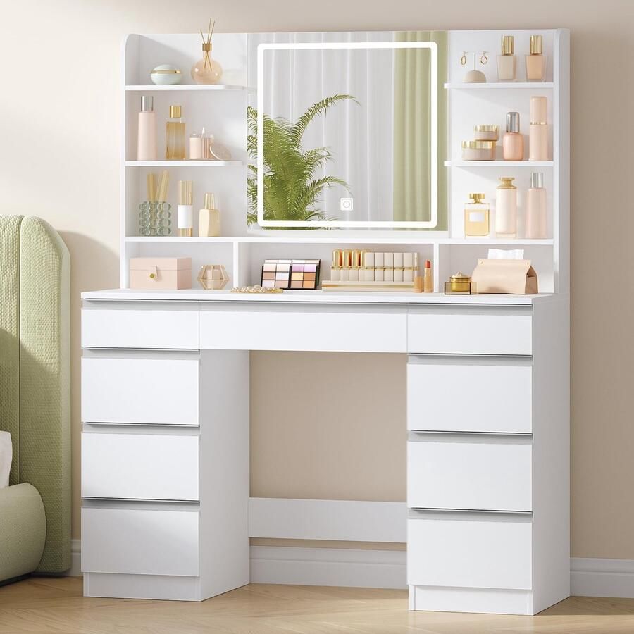 Sierra Kaptafel Grote Kaptafel met LED-verlichting 3 Kleuren Verstelbare Helderheid Kaptafel met Spiegel 9 Laden 9 Open Planken Moderne Stijl Wit-Zilver DT41903W