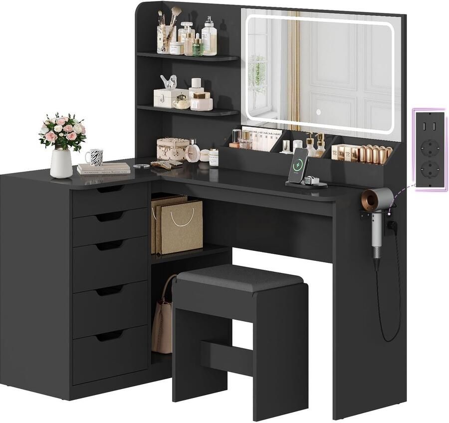 Sierra Kaptafel Grote Kaptafel met Spiegel en Verlichting hoek-kaptafel met ledverlichting verstelbare helderheid en kruk make-uptafel met 5 laden stopcontact haardrogerhouder modern(Zwart)