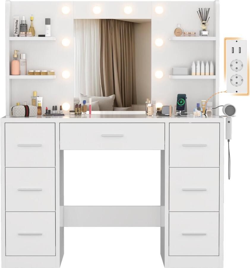 Imperatoris Make-up Tafel met Spiegel en LED Verlichting – Dressing Tafel met 7 Laden en 6 Open Planken Verstelbare Verlichting Witte Make-up Desk voor Slaapkamer en Kledingkamer