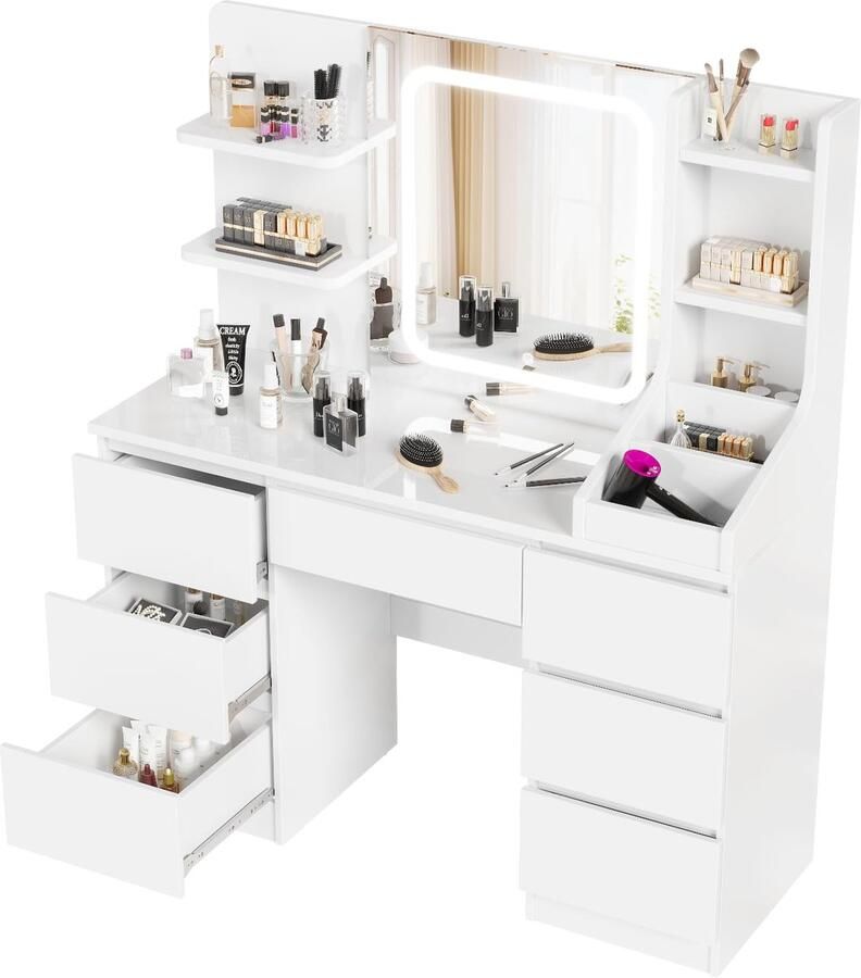 Sierra Kaptafel Grote kaptafel met Verstelbare LED Verlichting en lade Make-up Tafel met Spiegel Make-up Tafel met 7 Laden 4open opbergplanken modern slaapkamermeubilair voor meisjes 110 x 40 cm (Wit) - Foto 2