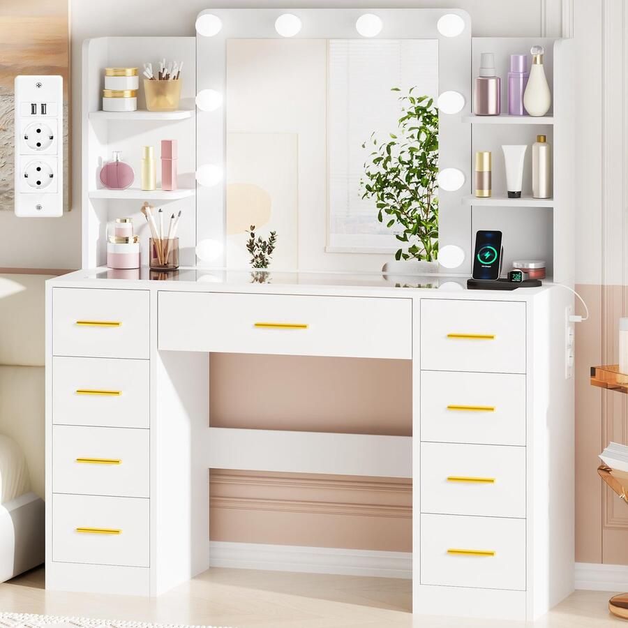 Sierra Kaptafel Grote kaptafel met verstelbare ledverlichting en spiegel make-uptafel met stopcontact glasplaat make-uptafel met 9 laden en 4 open planken voor de slaapkamer wit EFST39W