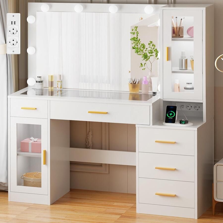 Sierra Kaptafel Grote kaptafel met verstelbare ledverlichting en stopcontacten make-uptafel met spiegel glasplaat kaptafel met 5 laden kaptafel voor slaapkamer wit EFST34W