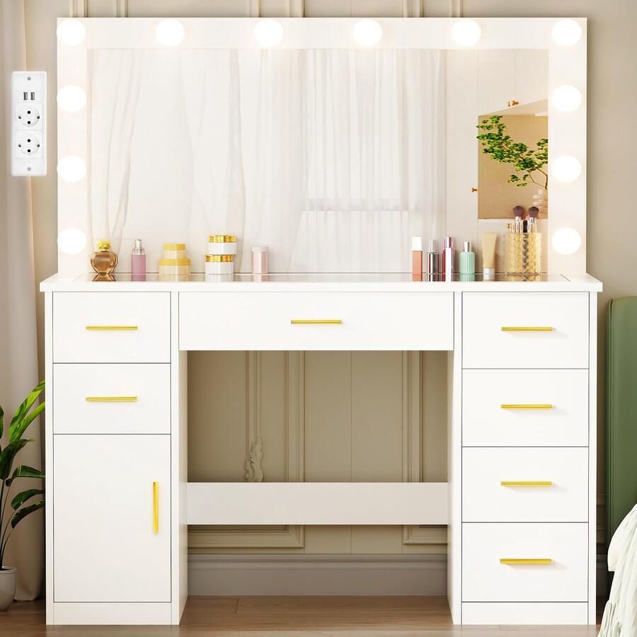 Sierra Kaptafel Grote make-uptafel met 3 verstelbare led-verlichting en stopcontact moderne make-uptafel met spiegel kaptafel met glasplaat 7 laden wit 140 x 110 x 40 cm BDT83W