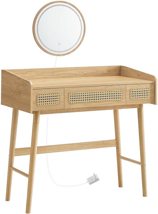 Sierra Kaptafel HOME BOHOVEN Collectie Make-uptafel met spiegel verlichting make-uptafel 3 laden in rotan-look touch-bediening 3 lichtkleuren dimbaar boho-stijl slaapkamer eikenbeige