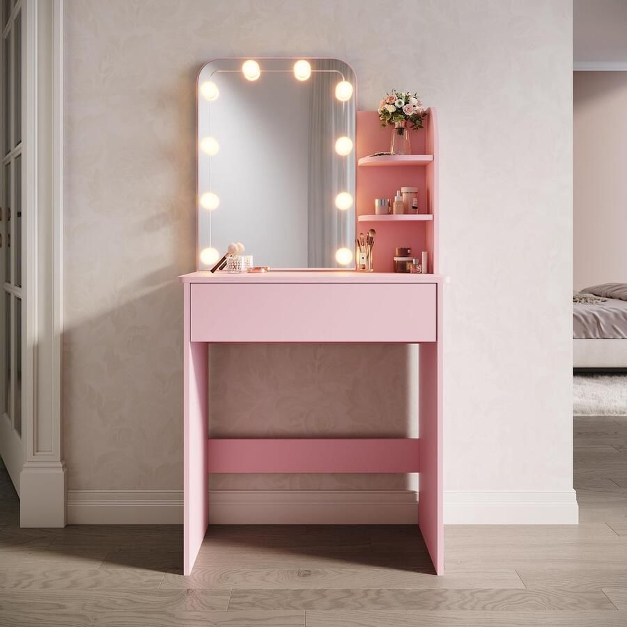 Sierra Kaptafel Make-uptafel kaptafel make-uptafel met spiegel led-verlichting Hollywood laden 3 open vakken 3 lichtmodi 10 helderheidsniveaus slaapkamer roze 70 x 40 x 140 cm
