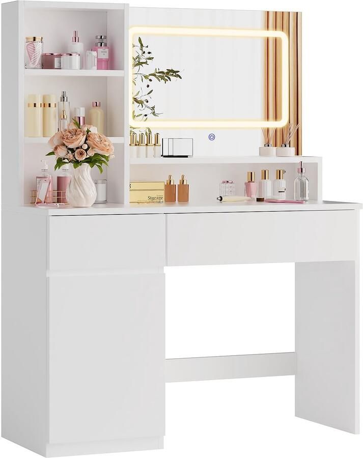 Sierra Kaptafel Make-uptafel met 3 kleuren led-spiegel en helderheidsinstelling make-uptafel met 2 laden en 1 kast robuust en praktisch modern bedtafel wit