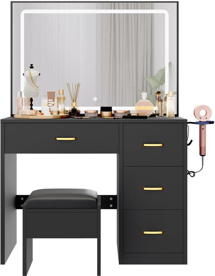 Sierra Kaptafel Make-uptafel met spiegel kaptafel met 4 laden verlichting stopcontact zwart (make-uptafel kaptafel cosmeticatafel vanity-tafel)