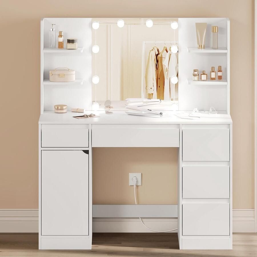 Sierra Kaptafel Make-uptafel met verlichting stekkerdoos instelbare helderheid grote make-uptafel met spiegel 5 laden open vakken kast kaptafel wit voor slaapkamer MB6117ws