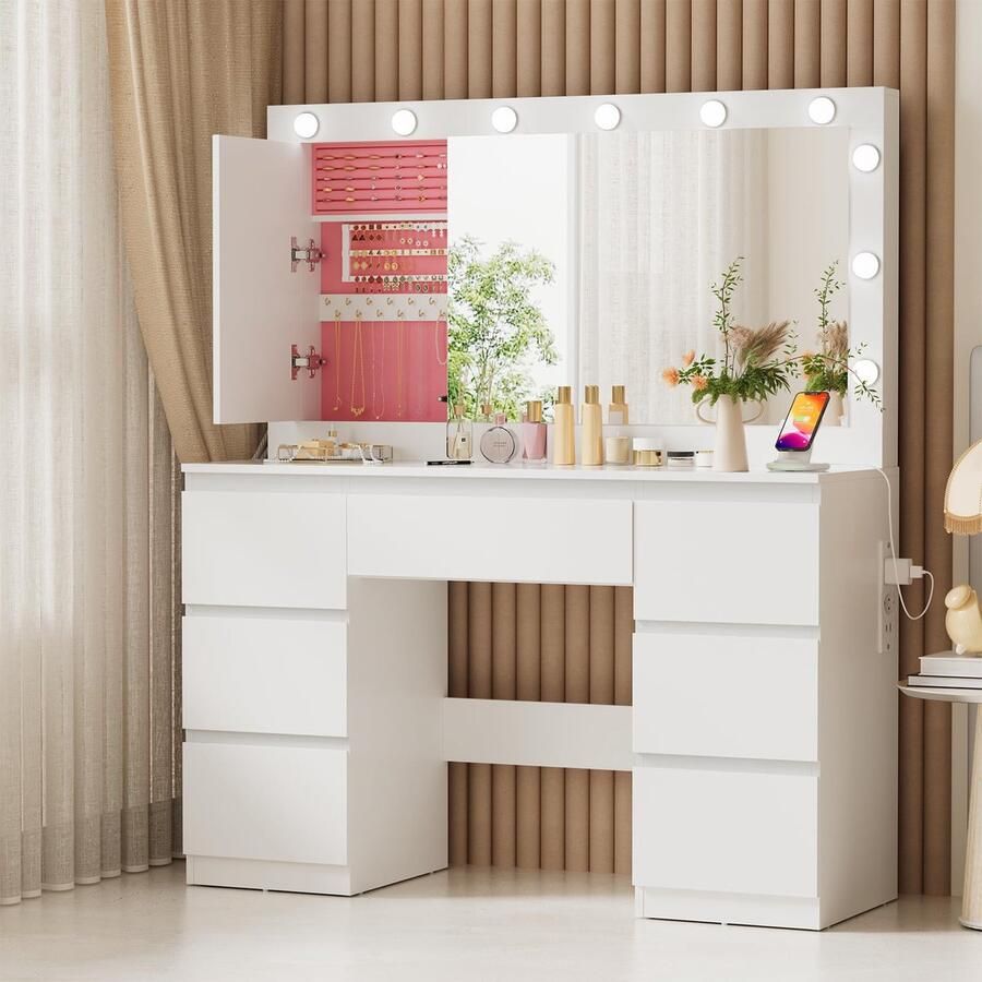Sierra Kaptafel met grote spiegels en ledverlichting instelbare helderheid 120 x 40 x 140 cm Make-uptafel met 7 laden stopcontact sieradenkast make-uptafel voor de slaapkamer wit