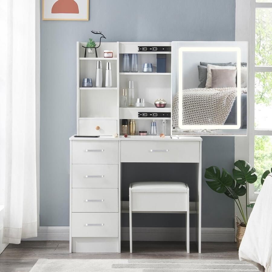 Sierra Kaptafel met kruk en ledlicht 3 kleurtemperaturen en instelbare verlichting moderne make-uptafel met spiegel 4 planken 6 laden wit L07LED0708