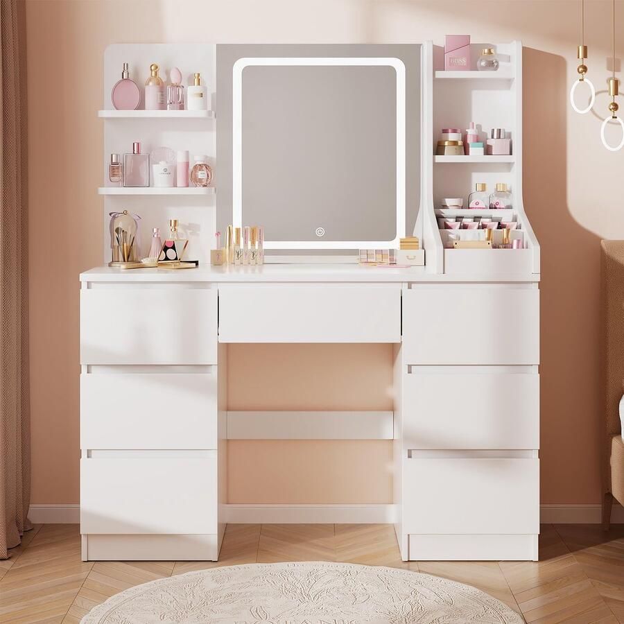 Sierra Kaptafel Grote kaptafel met Verstelbare LED Verlichting en lade Make-up Tafel met Spiegel Make-up Tafel met 7 Laden 4open opbergplanken modern slaapkamermeubilair voor meisjes 110 x 40 cm (Wit)