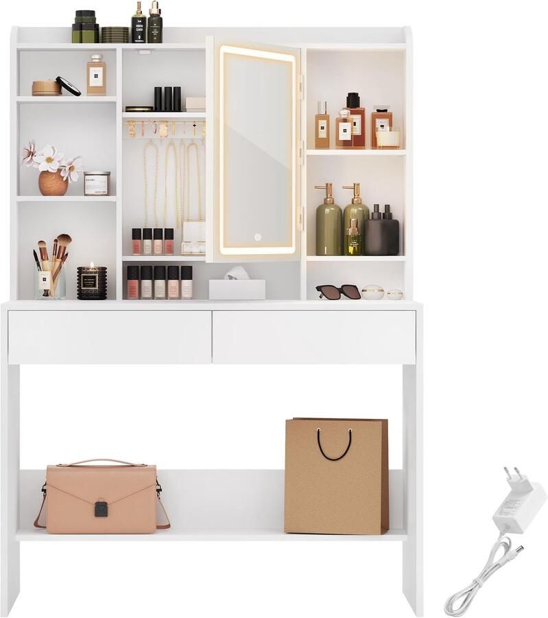 Imperatoris Make-up Tafel met Spiegel en LED Verlichting – 3 Kleurinstellingen Verstelbare Helderheid 2 Lades en 7 Open Opbergruimtes – Modern Make-up Bureau voor Slaapkamer Wit