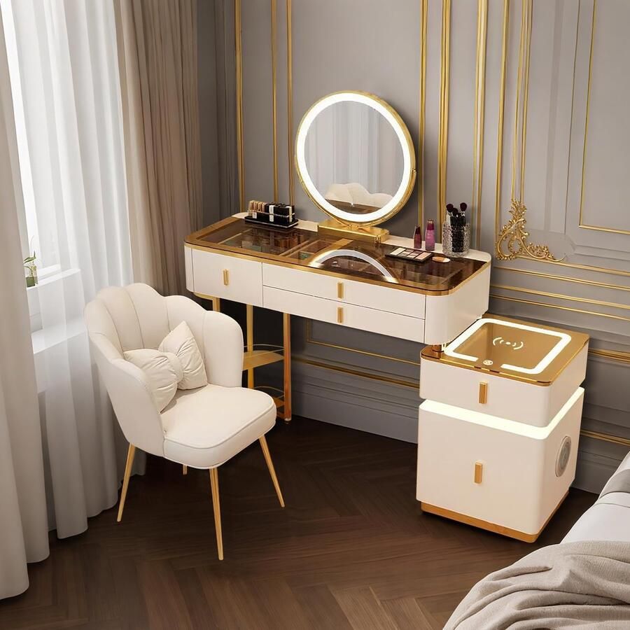 Sierra Kaptafel met spiegel en laden slaapkamer kaptafels met draadloos opladen 80 cm 100 cm make-up kaptafel set met stoel en opbergtafel poten dressoir tafel (wit + goud 80 cm)