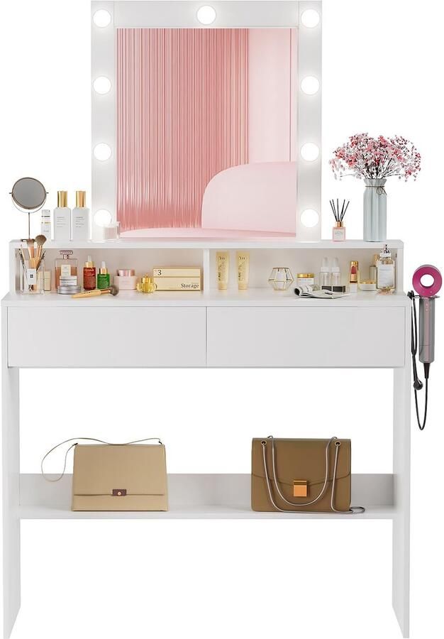 Sierra Kaptafel met Spiegel en Verlichting Make-up Tafel met LED-spiegel verstelbare helderheid haardrogerhouder 9 lampen 2 laden 3 open compartimenten slaapkamer modern Wit 80 x 40 x 145 cm