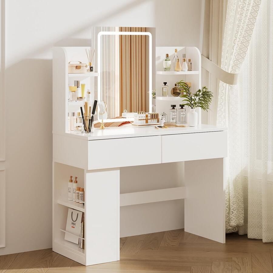 Sierra Kaptafel met Verstelbare LED Verlichting en grote spiegel Make-up Tafel met 2 grote laden zijopslag 4 open compartimenten 3 lichtsterktes moderne slaapkamers kleedkamers