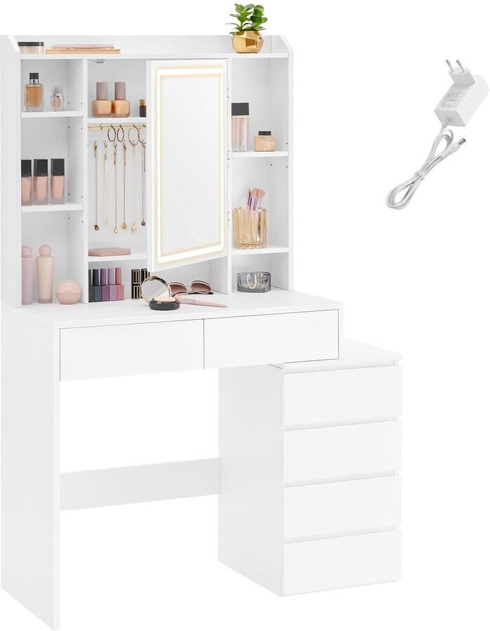 Sierra Kaptafel RDT124W01 Make-uptafel met ledverlichting instelbare helderheid kaptafel met spiegel en met laden open vakken verstelbare planken modern wolkenwit
