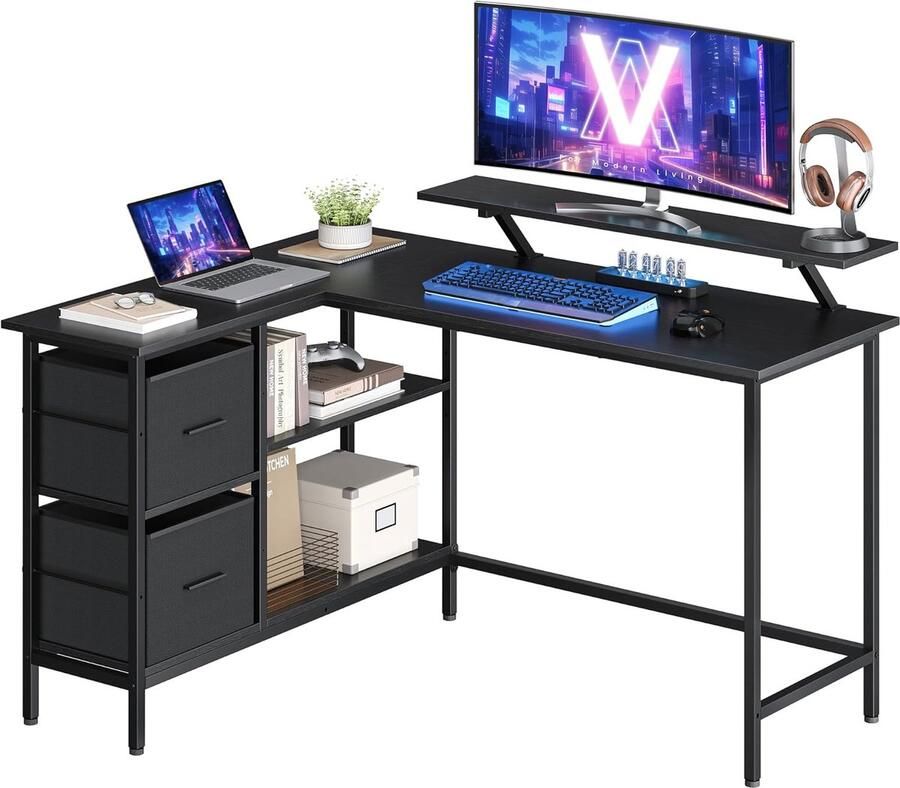 Sierra L-vormig bureau 2 ruime lades computerbureau met monitorstandaard hoekbureau speeltafel met verstelbare plank 135 x 105 cm ebbenhout zwart