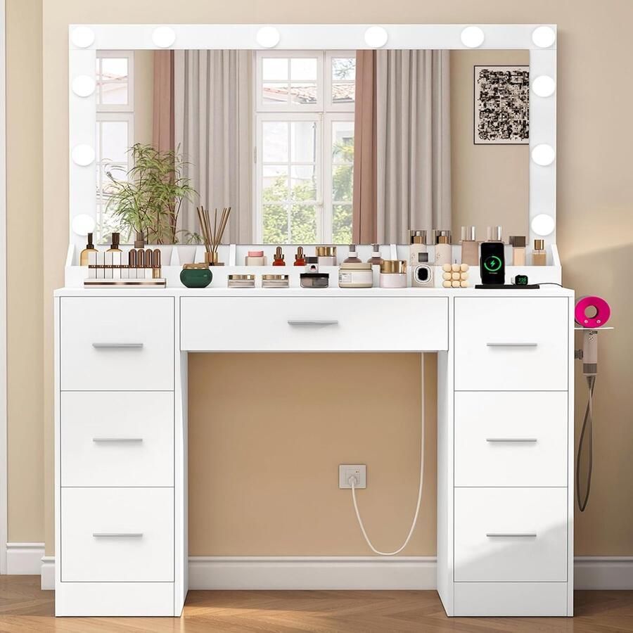 Sierra Make-uptafel met verlichting instelbare helderheid tafel met spiegel en stopcontact kaptafel met 7 laden 3 planken moderne commode slaapkamer wit