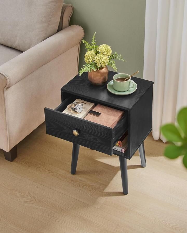 Sierra Nachtkastje Bijzettafel met Lade en Open Plank Houten Poten Salontafel voor Woonkamer Slaapkamer Bank Ebbenhout Zwart