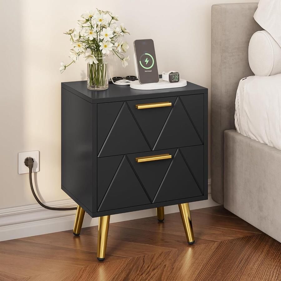 Sierra Nachtkastje met 2 laden 2 USB-poorten en stopcontacten nachtkastje met gouden metalen poten en handgrepen bijzettafel met opbergruimte voor woonkamer slaapkamer 40 x 30 x 52 cm zwart