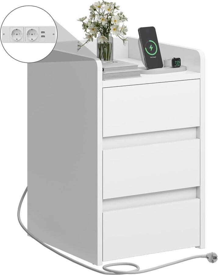 Sierra Nachtkastje met 3 laden en voeding nachtkastje met laadstation 2 USB-poorten en stopcontacten waterdichte bijzettafel voor woonkamer en slaapkamer 35 x 40 x 60 cm (wit)