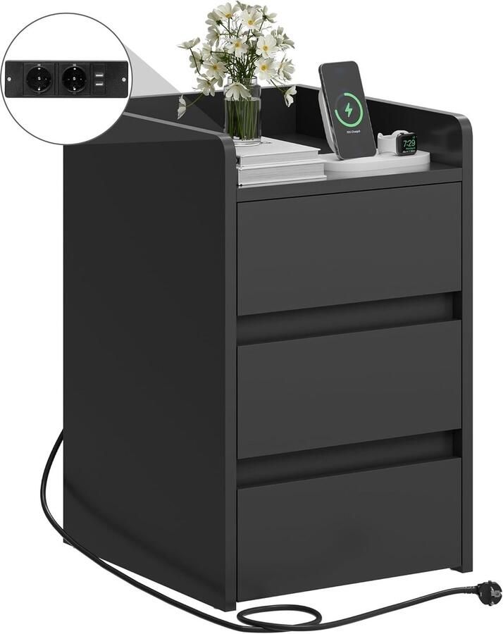 Sierra Nachtkastje met 3 laden en voeding nachtkastje met laadstation 2 USB-poorten en stopcontacten waterdichte bijzettafel voor woonkamer en slaapkamer 35 x 40 x 60 cm (zwart)