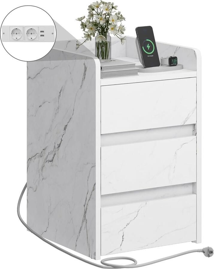 Sierra Nachtkastje met 3 laden en voeding nachtkastje met laadstation 2 USB-poorten en stopcontacten waterdichte bijzettafel voor woonkamer en slaapkamer 35 x 40 x 60 cm (marmerwit)