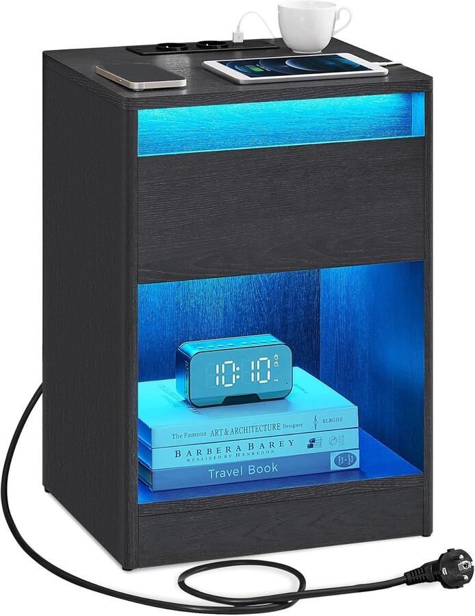 Sierra Nachtkastje met instelbare ledverlichting bijzettafel met stopcontacten lade 2 AC-stopcontacten 2 USB-poorten modern voor slaapkamer woonkamer aszwart