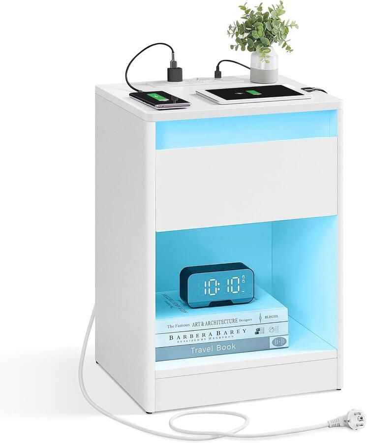 Sierra Nachtkastje met instelbare ledverlichting bijzettafel met stopcontacten lade 2 AC-stopcontacten 2 USB-poorten modern voor slaapkamer woonkamer wolkenwit