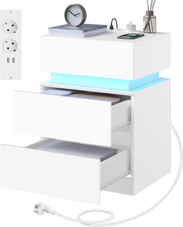 Sierra Nachtkastje met laadstation aangesloten nachtkastje led-nachtkastje 2 stopcontacten 2 USB-poorten 2 laden 1 vak met deur wit