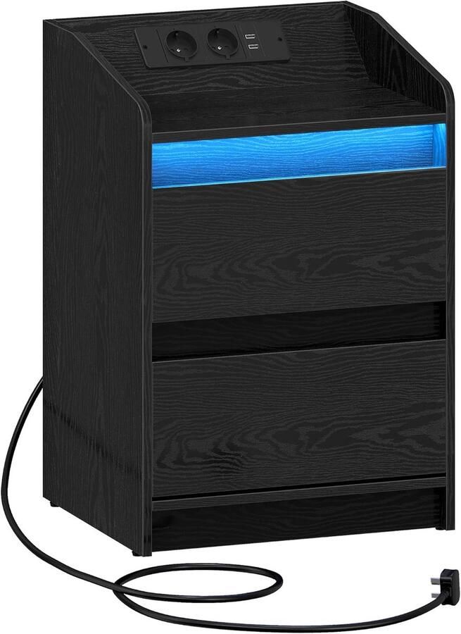Sierra Nachtkastje met LED Verlichting Nachtkastje met Oplaadstation en 2 Laden Nachtkastje met USB Poorten & Stopcontacten Nachtkastje voor Woonkamer en Slaapkamer Zwart