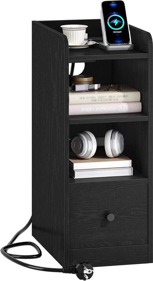 Sierra Nachtkastje met Oplaadstation USB & Type C Poort Smalle Eindtafel 3 Tiers Opbergruimte met 1 Lade Ruimtebesparend voor Slaapkamer Woonkamer Thuiskantoor Zwart