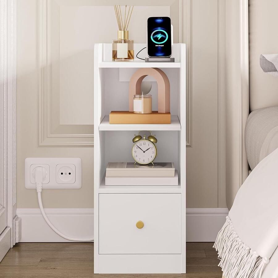 Sierra Nachtkastje met Oplaadstation USB & Type C Poort Smalle Eindtafel 3 Tiers Opbergruimte met 1 Lade Ruimtebesparend voor Slaapkamer Woonkamer Thuiskantoor Wit
