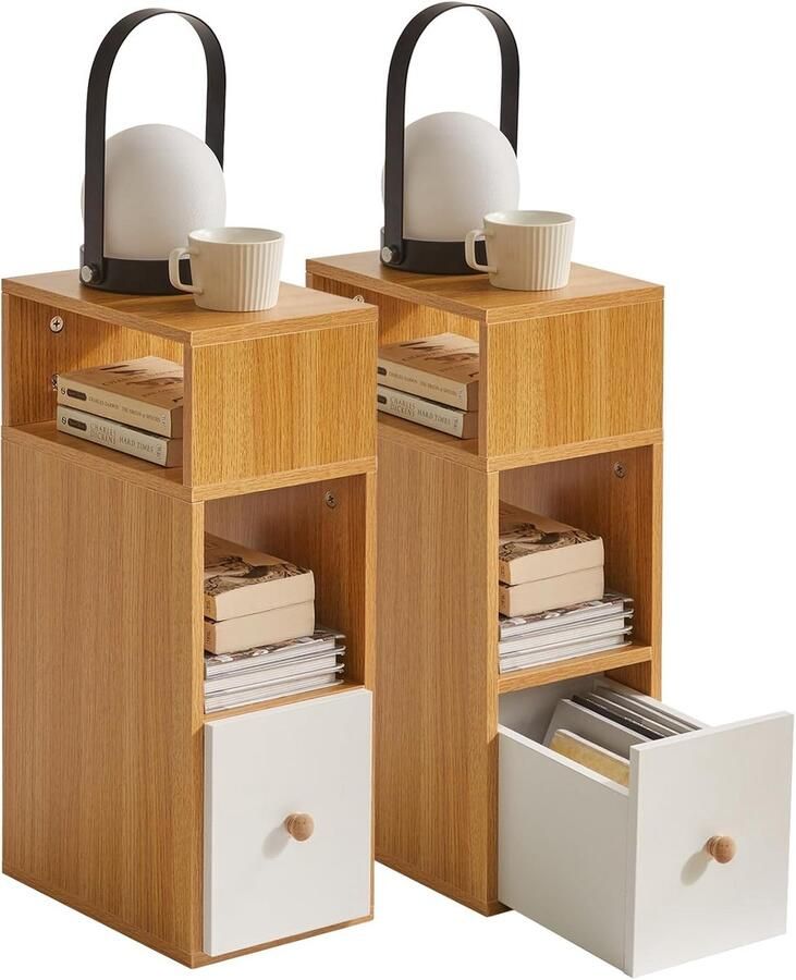 Sierra nachtkastje set van 2 klein smal nachtkastje met 2 open vakken en 1 lade ruimtebesparend houten bijzettafels voor slaapkamer woonkamer naturel