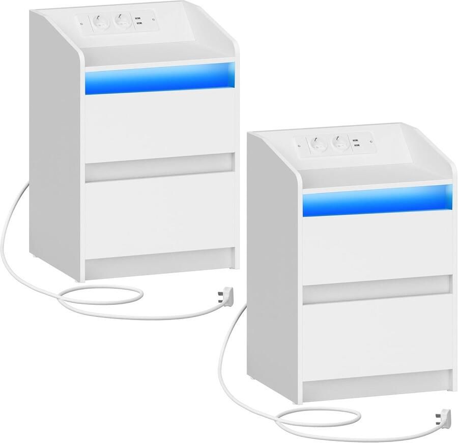 Sierra Nachtkastje Set van 2 met LED-Verlichting Nachtkastje met Oplaadstation en 2 Laden Nachtkastje met USB-Poorten & Stopcontact Nachtkastje voor Woonkamer en Slaapkamer Wit
